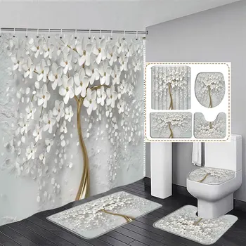 Душ завеси и постелки за баня Елегантен Букет Мечтательных бели цветя, душ Завеси в 3D стил, домашен декор на банята