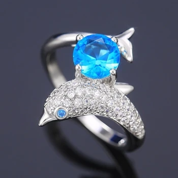 Изискани сладки пръстени във формата на делфин за жени сребрист цвят със син/бял кубическим цирконием, украса за партита, подаръци за рожден ден за момичета