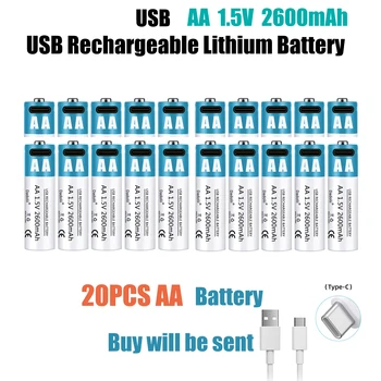 Литиево-йонна батерия USB голям капацитет 1,5 AA 2600 МВтч за мишка с дистанционно управление, малък вентилатор, кабел за електрически играчки, батерия