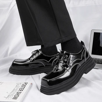 Оксфордские обувки с дебела подметка, Мъжки Кожени обувки С Квадратни Пръсти, Мъжки Ежедневни обувки от естествена Кожа, Мъжки Луксозна Марка Мъжки обувки Бизнес