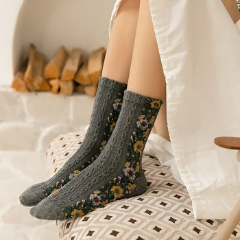 Пролетни Памучни Етнически Японски Чорапи В Стил Kawai, Сладък Дамски Чорапи С Цветен Бяла Бродерия, Harajuku, Ретро Реколта Високи Дълги Чорапи