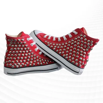 Червени парусиновые обувки с висок берцем, спортна удобни обувки за ходене, нитове, ръчно изработени, неутрална вулканизированная обувки 35-46